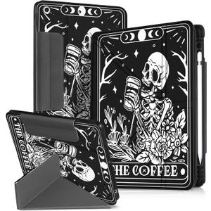 for iPad 9th/8th/7th Generation 10.2 Inch Case with Pen Holder for Boys Girls Women Men Cute Cartoon Anime Cool Funny Protector Stand Tablet Cover for Apple i Pad 7/8/9, Coffee Skull