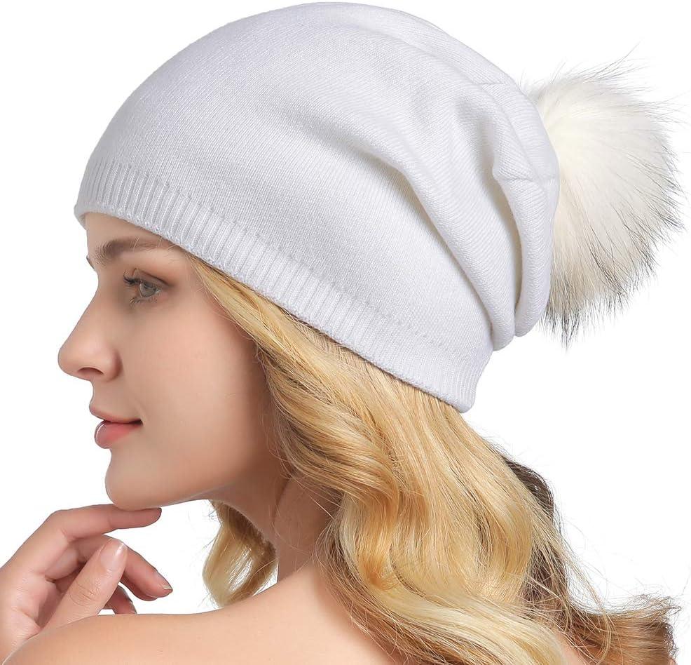 Women Knit Wool Beanie - Winter Fashion Solid Wool Hats Real Removable Raccoon Fur Pom Pom Warm Ski Beanie (One Size, White)