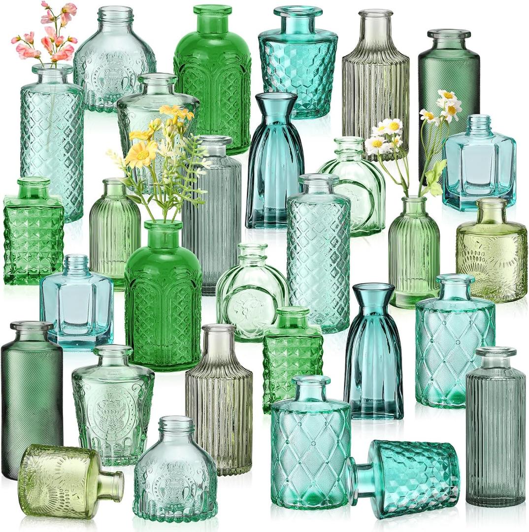 Yaomiao 30 Pcs Vases Bulk Colored Flower Glass Christmas Vases Bud Vintage Colored Glass Bottles Colorful Rustic Embossed for Home Wedding Table Decorations Gifts (Green Series)