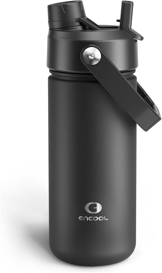 ENCOOL Insulated Water Bottle with Straw Stainless Steel Water Bottle, Leak-Proof, BPA-Free, Double Wall Vacuum Keeps Cold for 24 Hours for Sports, Travel, School (18 oz, Black Night)