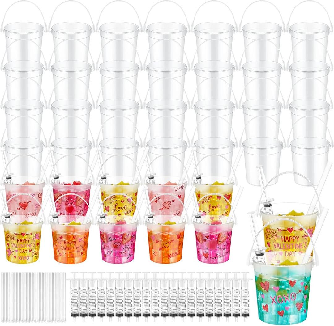 Willinglong 20 Set 32oz Clear Plastic Rum Buckets for Drink with Straws and Lids Blank DIY Plastic Buckets Bulk for Parties Rum Wine Beer Beverage Party Valentine's Summer Holiday Party