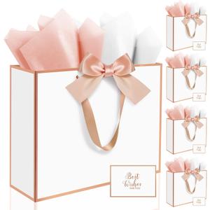 Ethhqu 5Pack Elegant Large Gift Bags with Handles, 12.6x10x4 Inch - Set Includes Tissue Paper & Cards for Birthday, Baby Shower, Wedding, Anniversary, Mothers Day & Holiday Gifts (5Pcs White with Rose Gold Rim)