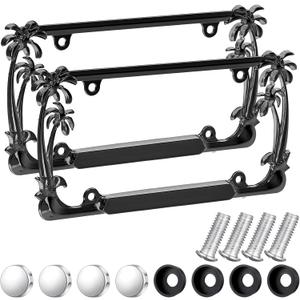 MorningRo 2 Pcs Palm Tree License Plate Frame Plastic Beach Coconut Tree Design Frame Compatible with Standard License Plate for USA 2 Holes with Screws for Women Men(Black)
