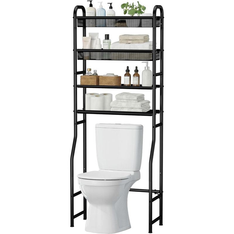 PrimeZone 4-tier black over-toilet storage rack with shelves and hooks
