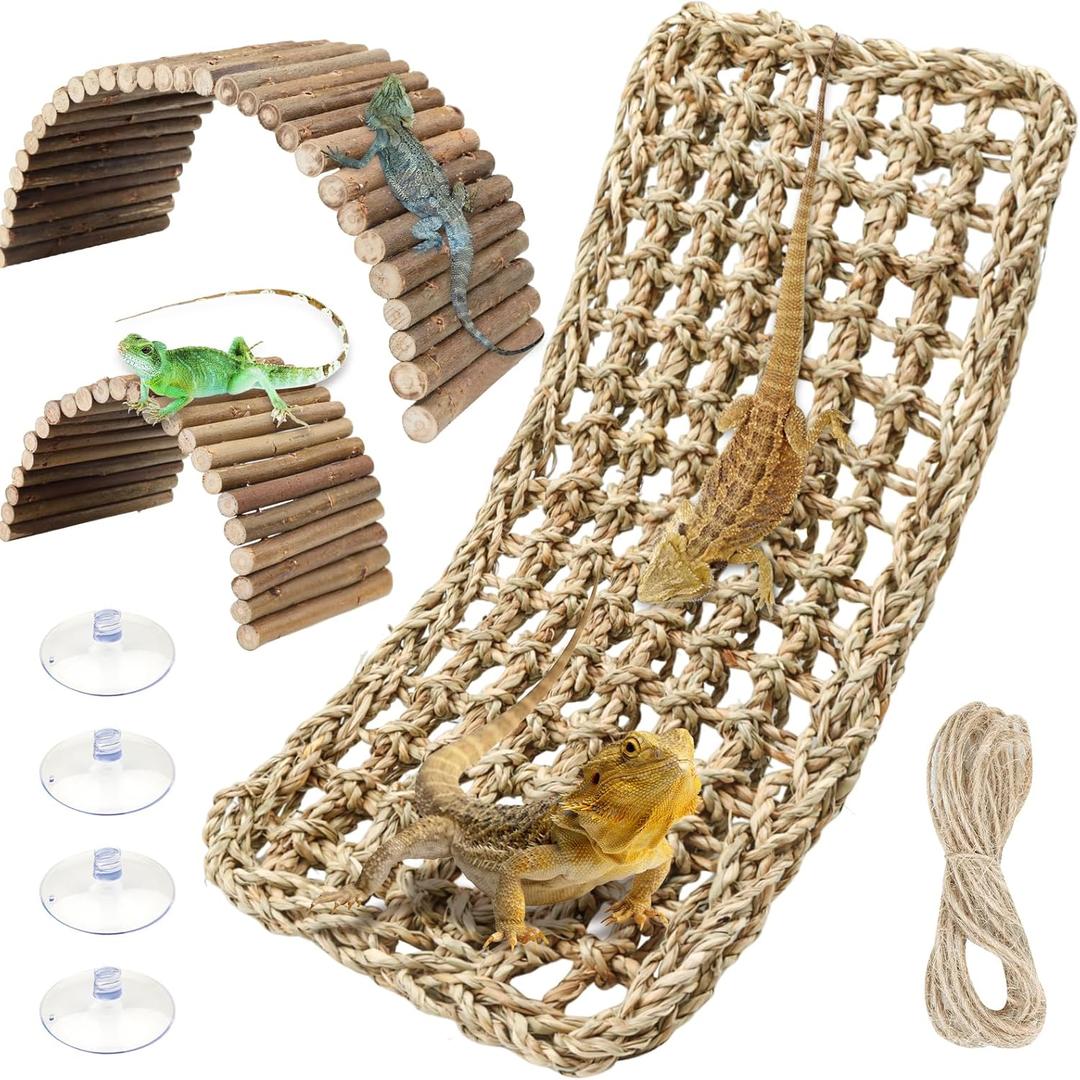 QUOZUO Bearded Dragon Tank Accessories, 3pack Reptile Habitat Hammock Natural Seagrass and Natural Wood Bendable Bridge for Climbing, Hermit Crab, Lizard, Mice, Spiders, Turtle, Snake