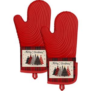 Slohif Long Silicone Oven Mitts Heat Resistant for Women - 2 Pcs Christmas Tree 100% Cotton Oven Gloves, Non-Slip and Waterproof Silicone Oven Mitts with Hanger for Baking and Cooking (Red)