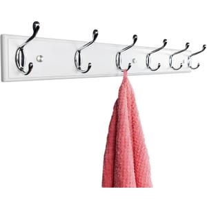 Wooden Wall Mounted Coat Rack 25 inch (65cm) with 6 Silver Hooks, Lang White Wall Coat Rack, Wood Wall Coat Hook Rack for Entrance, Hallway, Bedroom, White Wall Clothes Hanger