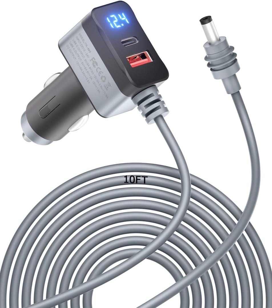 3 in 1 Starlink Mini Cable 12V Adapter 10FT Car Charger for Starlink Mini Power Cable Cigarette Lighter Adapter DC 12V-24V with Digital Display, Durable USB C PD 36W and USB A 18W Port Gray 18AWG 3M