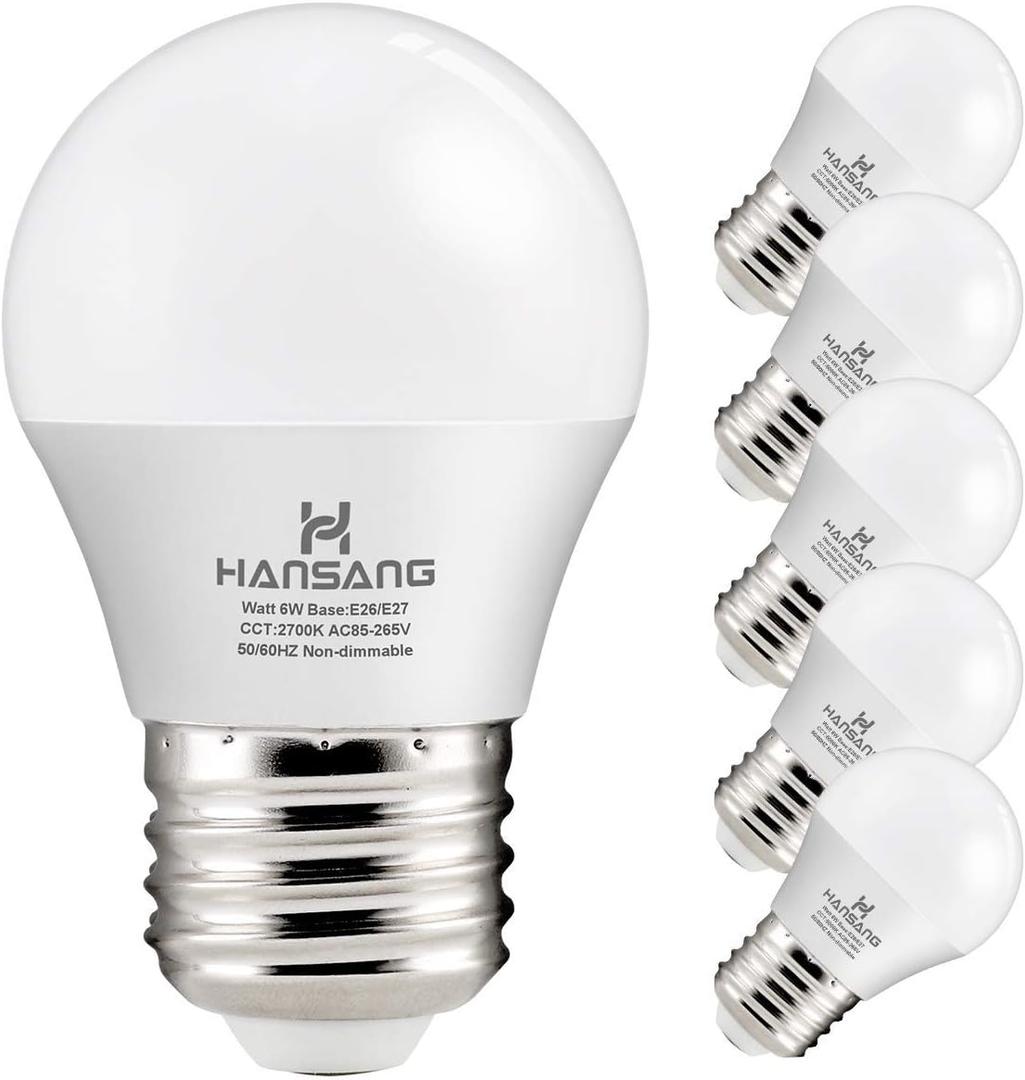 hansang E26 Appliance Light Bulb, 2700K Warm White, 60 Watt Equivalent Small Light Bulb, E26 LED Bulb for Ceiling Fan, A15 Light Bulb, 600lm 120V, CRI85+, Eye Protection, 120V, Non-Dimmable 6 Pack