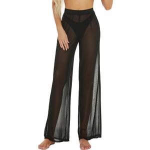 Awoscut Women See Through Sheer Mesh Pants Beach Swimsuit Bikini Bottom Cover up Party Club Elastic High Waist Wide Leg Pants (Size Small)