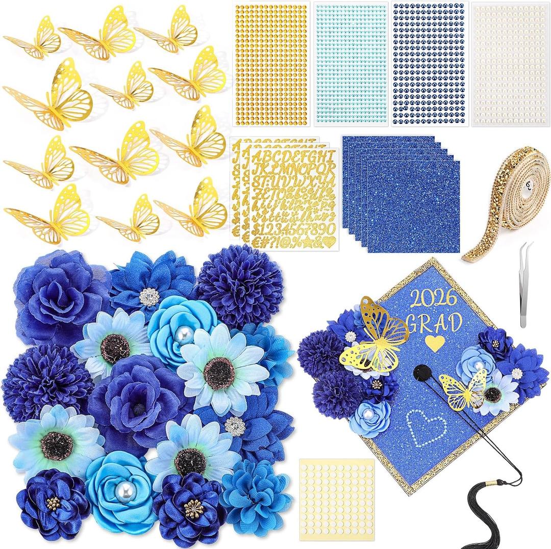 Wavwavw 43 PCS DIY Graduation Cap Decorations Kit, Grad Cap Decorations Included Faux Flowers 3D Butterfly Self Adhesive Rhinestones Stickers Alphabet Letter Stickers for 2026 Grad Party (Blue)