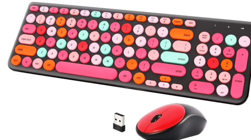 Wireless Keyboard and Mouse Combo, Retro Typewriter Keyboard with Round Keycaps, 2.4GHz USB Cute Wireless Keyboard Mouse for Computer, Desktop, Laptop and Computer (Black-Colorful)