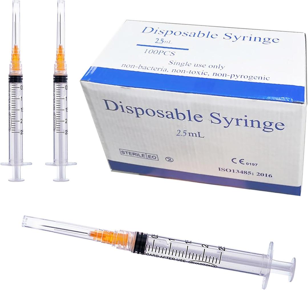 100 Pack 2.5ml with 25 Gauge 1 Inch Luer Lock syring, Individually Wrapped