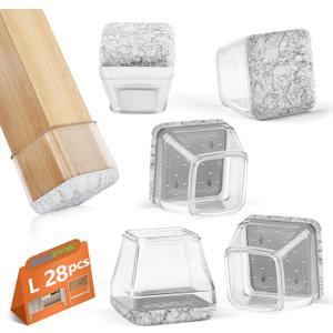 28Pcs Square Chair Leg Floor Protectors with Wrapped Felt Bottom, Silicone Chair Leg Protectors for Hardwood Floors, Chair Legs Cover Prevents Scratches & Reduce Noise (Clear L Fit 1.14"-1.42")