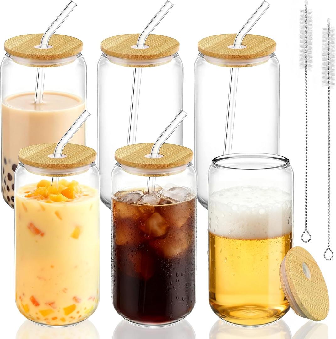 Drinking Glasses with Bamboo Lids and Straw 6pcs Set - 16oz Glass Cups, Iced Coffee Glasses, Cute iced Tea Glasses, Beer Glasses, Ideal for Coffee Bar Accessories, Aesthetic Gift - 2 Brushes