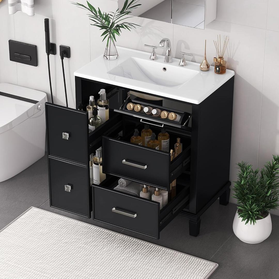 30" Bathroom Vanity Cabinet with Ceramic Sink Top Set, Multi-Functional Storage Space and Tip-Out Drawer, Solid Wood Frame, Black