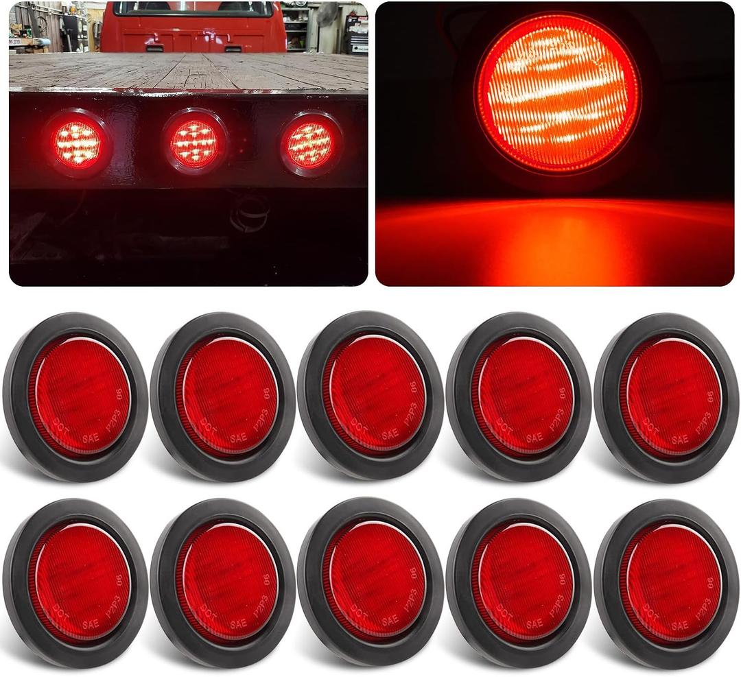 2.5" Round Led Marker Lights Red, 10Pcs 2.5" Inch Round Led Side Clearance Marker Lights 13 LED Sealed Flush Mount w/Rubber Grommets and 2 Prong Trailer Wire Pigtails Waterproof 12V for Truck Trailer