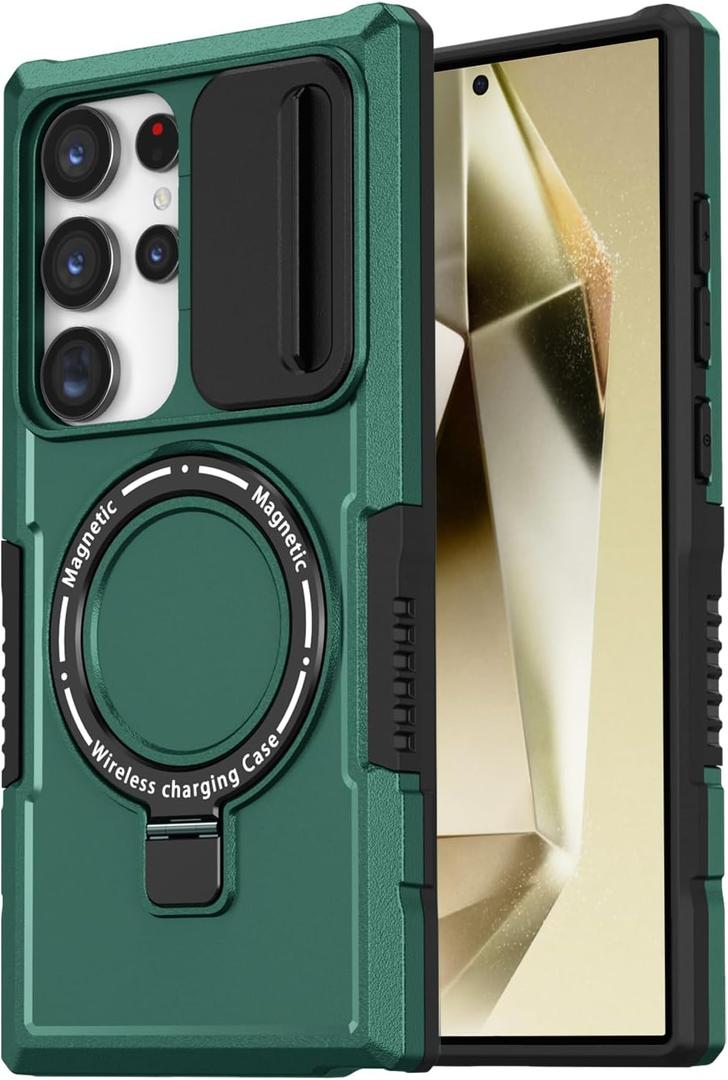 for Samsuung Galaxy S24 Ultra Magnetic Case [Compatible with MagSafe] with Camera Cover & Magnetic Ring Kickstand, Military Grade Heavy Duty Case for Samsung S24 Ultra 6.8'', Green