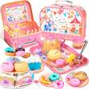 61Pcs Tea Party Set for Little Girls, Dreamland World Tea Set Toys Including Dessert, Cake Stand & Carrying Case, Kids Kitchen Pretend Play for 3 4 5 6 Year Old Girl Birthday Gifts