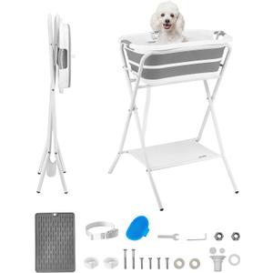 VEVOR Dog Bathtub, Elevated Dog Bath Tub, 2 in 1 Collapsible Pet Bathing Grooming Wash Station, Portable Foldable Space-Saving, Built-in Drain Outlet with Drain Hose for Small Pet Cat, Gray & White