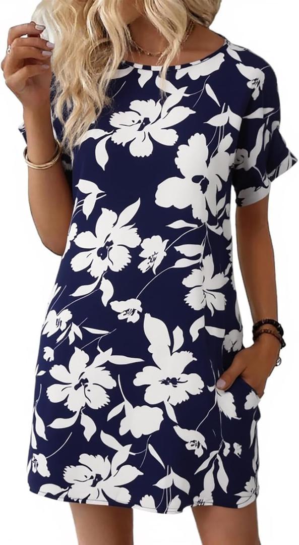 Wenrine Womens Summer Dress 2025 Floral T Shirt Dress Casual Cap Sleeve Crewneck Loose Boho Shift Mini Dresses