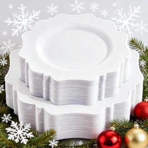 COLOSUS 60PCS White Plastic Plates for 30 guests-Fancy Plastic Beaded Plates,Disposable Christmas plastic plates,Include 30 PCS 10.5" Dinner Plates & 30PCS 8.25" Dessert-Platos for Christmas