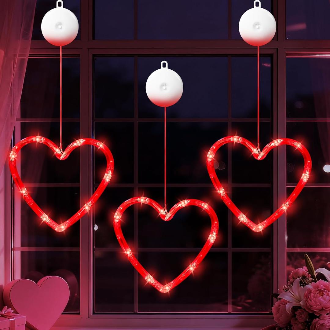 Valentines Day Decorations Window Lights, 3PCS Heart Window Light Valentines Day Decor, Red Lighted Valentine Windows Decorations Heart Decor Lights