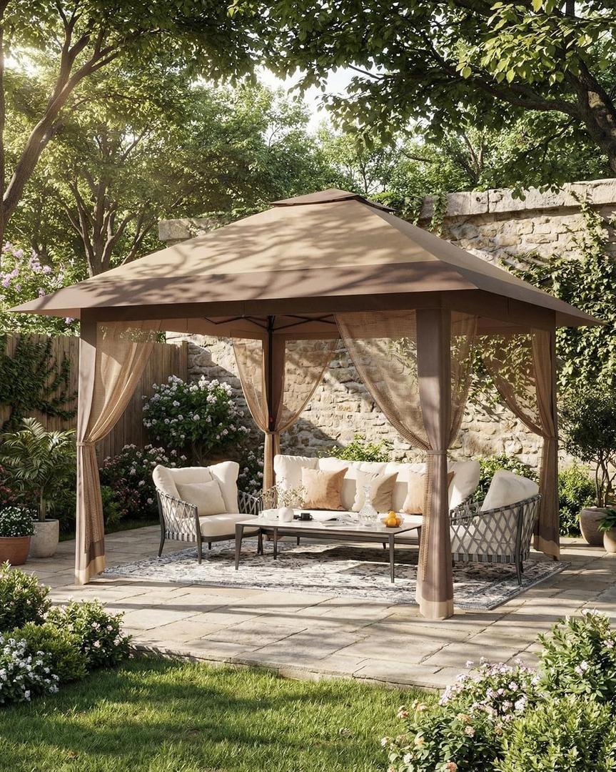 13x13ft Outdoor Canopy Tent with Mosquito Netting, Heavy Duty Party Tent Shelter with Waterproof and Ultraviolet Double Roof for Backyard, Garden, Lawn and Deck (Khaki)