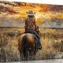 OCRXLYTH Western Cowgirl Riding Horse Canvas Wall Art Cowgirl Wall Decor Pictures Sunset Countryside Landscape Painting Print Vintage Artwork for Living room bedroom country decoration 12x16