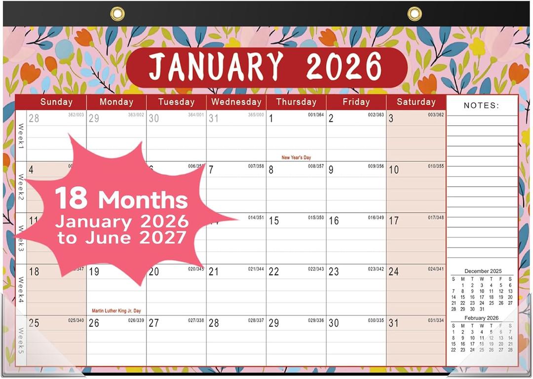 5 x Timart Desk Calendar 2026-2027, 18-Month Calendar from Jan 2026 to June 2027, Large 17" x 12" Desktop Wall Monthly Calendar For Home School, Office(Floral)