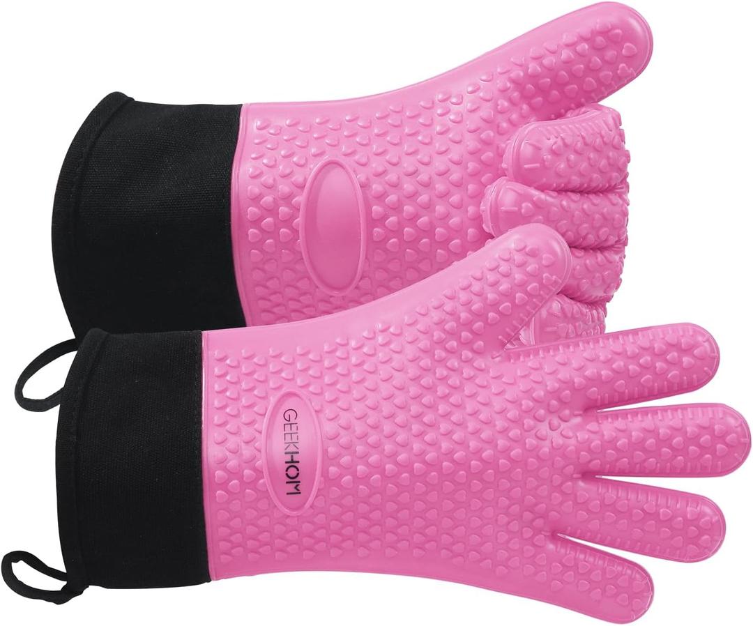 GEEKHOM BBQ Gloves Heat Resistant Oven Mitts - Silicone Grilling Gloves with 13.7" Arm Protection - Waterproof Pot Holder Non-Slip for Men & Women, Kitchen Outdoor Cooking, Baking, Camping, Pink (One Size Fits Most)