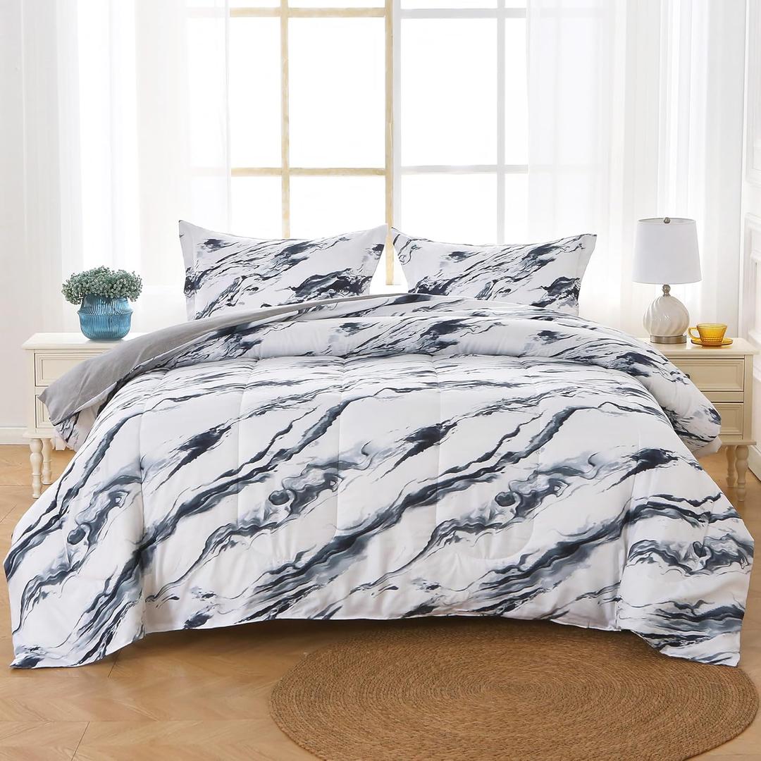 Mooreeke Queen Size Comforter Sets, Navy Blue Grey Lake Ripple Theme Printed Bedding for All Seasons, 3-Piece Vintage Bed in a Bag with Fluffy Quilted Reversible Comforter & 2 Pillow Shams Mooreeke Queen Size Comforter Sets, Navy Blue Grey Lake Ripple Theme Printed Bedding for All Seasons, 3-Piece Vintage Bed in a Bag with Fluffy Quilted Reversible Comforter & 2 Pillow Shams