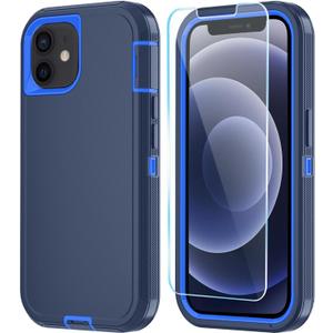 Phone Case for iPhone 12/13 Mini with HD Screen Protector, Heavy Duty Shockproof & Dropproof 3-Layer Cover (DarkBlue)