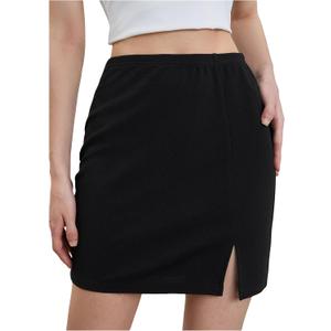 SOLY HUX Women's Plus Size High Waist Elastic Slit Sexy Stretch Fitted Bodycon Mini Skirts (Black, S)