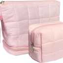 2 x Pink Puffy Puffer Makeup Bag for Purse Small Makeup Pouch Quilted Cosmetic Bag Cute Cotton Toiletry Pouch Bag for Women