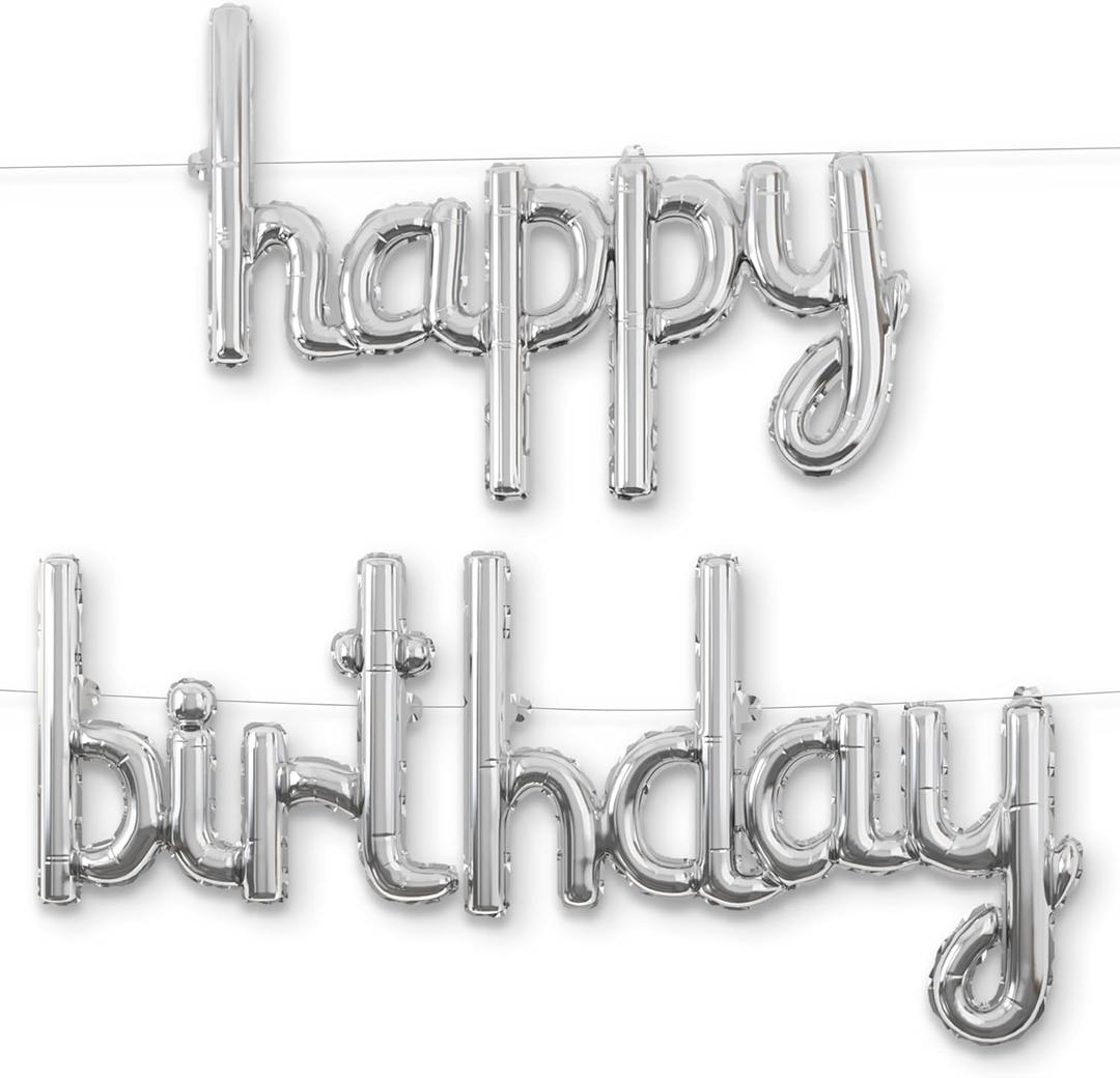 HOUSE OF PARTY Happy Birthday Balloon - 18 inch | Silver Mylar Cursive Foil Birthday Balloons Banner, Silver Party Decorations for Men, Women