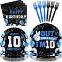 96Pcs 10th Birthday Supplies for Boys Blue and Black 10th Birthday Plates and Napkins Disposable Out of Single Digits I'm 10 Tableware Set for Kids Teen Boys 10 Years Old Party Decorations Serves 24