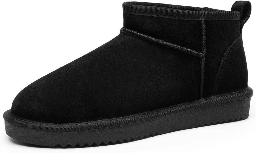 DREAM PAIRS Ankle Winter Mini Boots for Women Genuine Suede Faux Fur Lining Water Resistant Warm Snow Boots Slip On Memory Foam Comfort Booties FuzzyClassic, Size 8W, Black, SDSB25001W-W