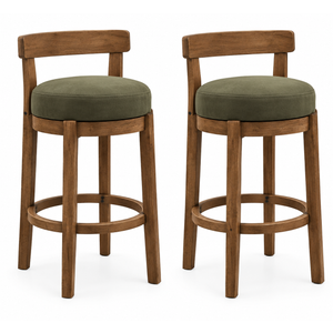 Merax Bar Stools Set of 2, Mid Century Upholstered Barstools in Rubber Wood Frame with Low Back, 26.3" Seat Height Counter Stools with Ring Footrest for Dining Room, Dark Walnut+ Green