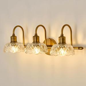 UOFUS Gold Vintage Vanity Light 3 Lights Bathroom Lighting Fixtures Over Mirror with Clear Glass Shade