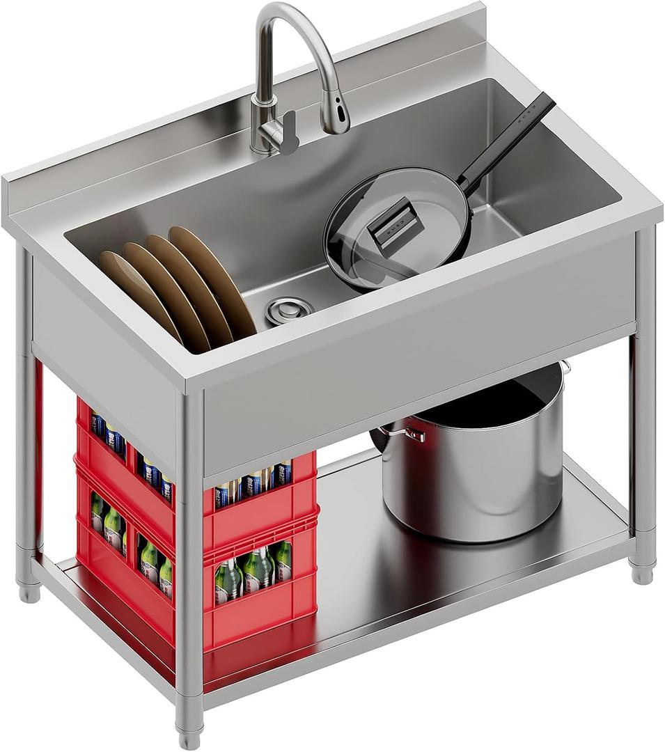 Stainless Steel Utility Sink, Large Freestanding Laundry Sink with Pull-out Faucet for Kitchen, Bathroom, Laundry Room, Garage, Outdoor/Indoor Use, Pet Cleaning, D21.65 x W35.43 x H36.61 inch, D15.7 x W31.4 x H9.4 inches