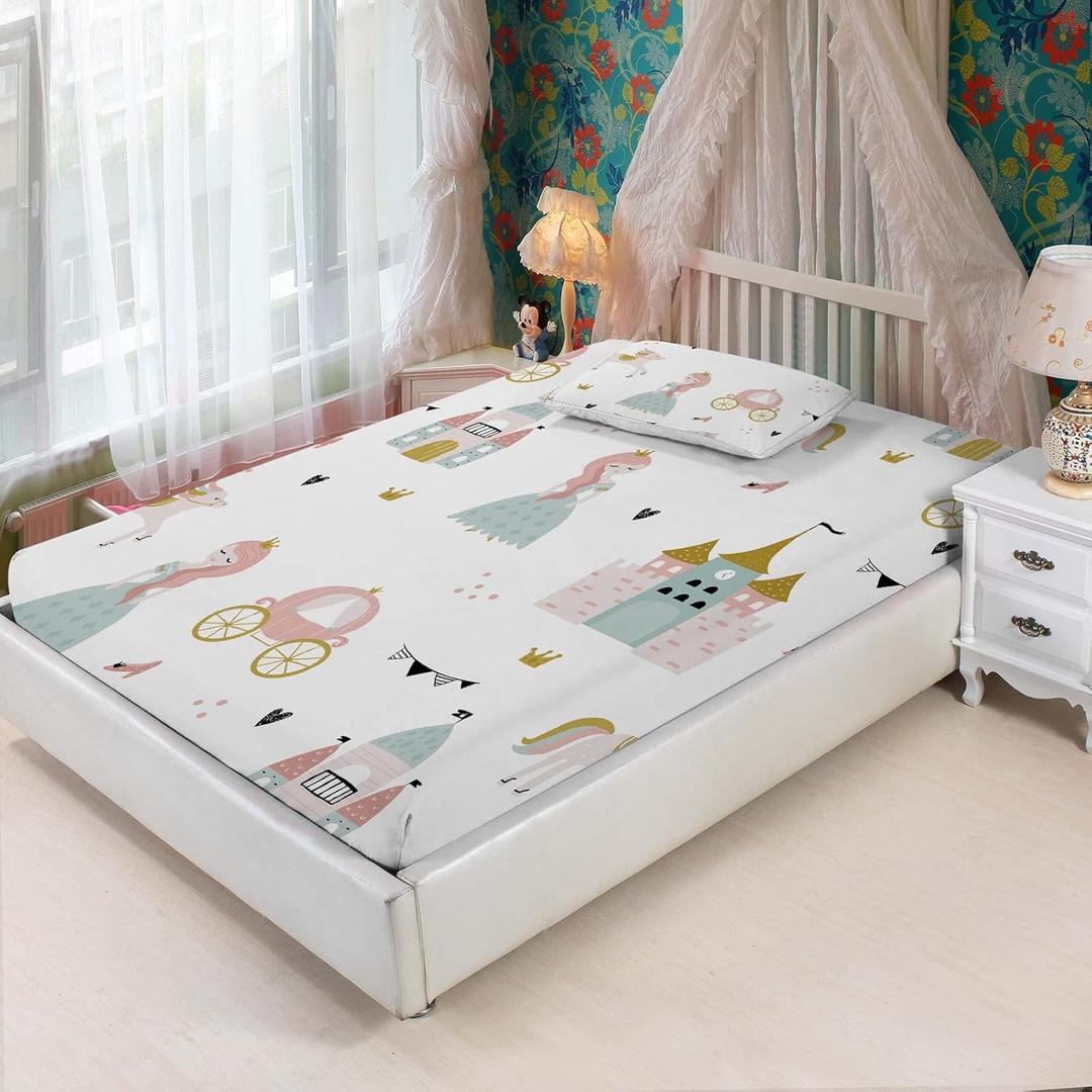 MUSOLEI Princess Fitted Sheet Set Cute Girl Castle Sheet Girl Bed Sheets Girls Teens Kids Bedding Set 1 Deep Pocket Fitted Sheet with Pillowcases Microfiber (Princess, Twin)