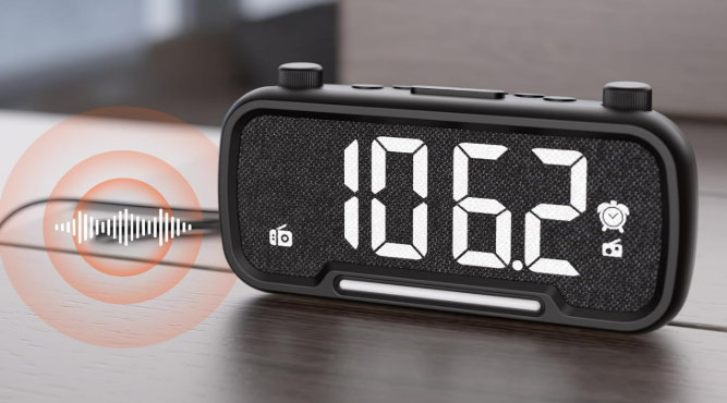 OnLyee 5-in-1 Alarm Clock Radio  FM Radio, Hi-Fi Speaker Sound, Bluetooth Speaker, Auto-Off Timer, Night Light, Dual Charging Ports  Ideal for Bedrooms, Dorms & Home Offices (Black)