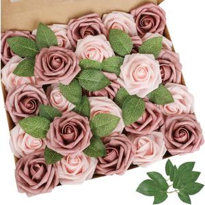 AmyHomie Artificial Flower Warm Taupe & Nude Rose 25pcs Real Looking Fake Roses w/Stem for DIY Wedding Bouquets Centerpieces Arrangements Party Baby Shower Valentines Day Christmas Tree Decorations