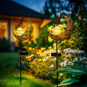 Fairy Garden Solar Lights Outdoor Decor, Moon Garden Stakes, Waterproof Outdoor Metal Decorations Gifts for Women and Mom, Art Moon Sculpture for Walkway, Yard, Patio, Garden and Porch, 2 Pack