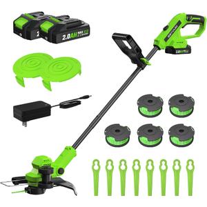 SEYVUM String Trimmer, 20V 12-inch Cordless Weed Trimmer with Auto Line Feed, 2 X 2.0Ah Battery Powered Lawn Edger with 5 Pcs Spool Line & 8 Pcs Plastic Blades, Fast Charger Included, Green