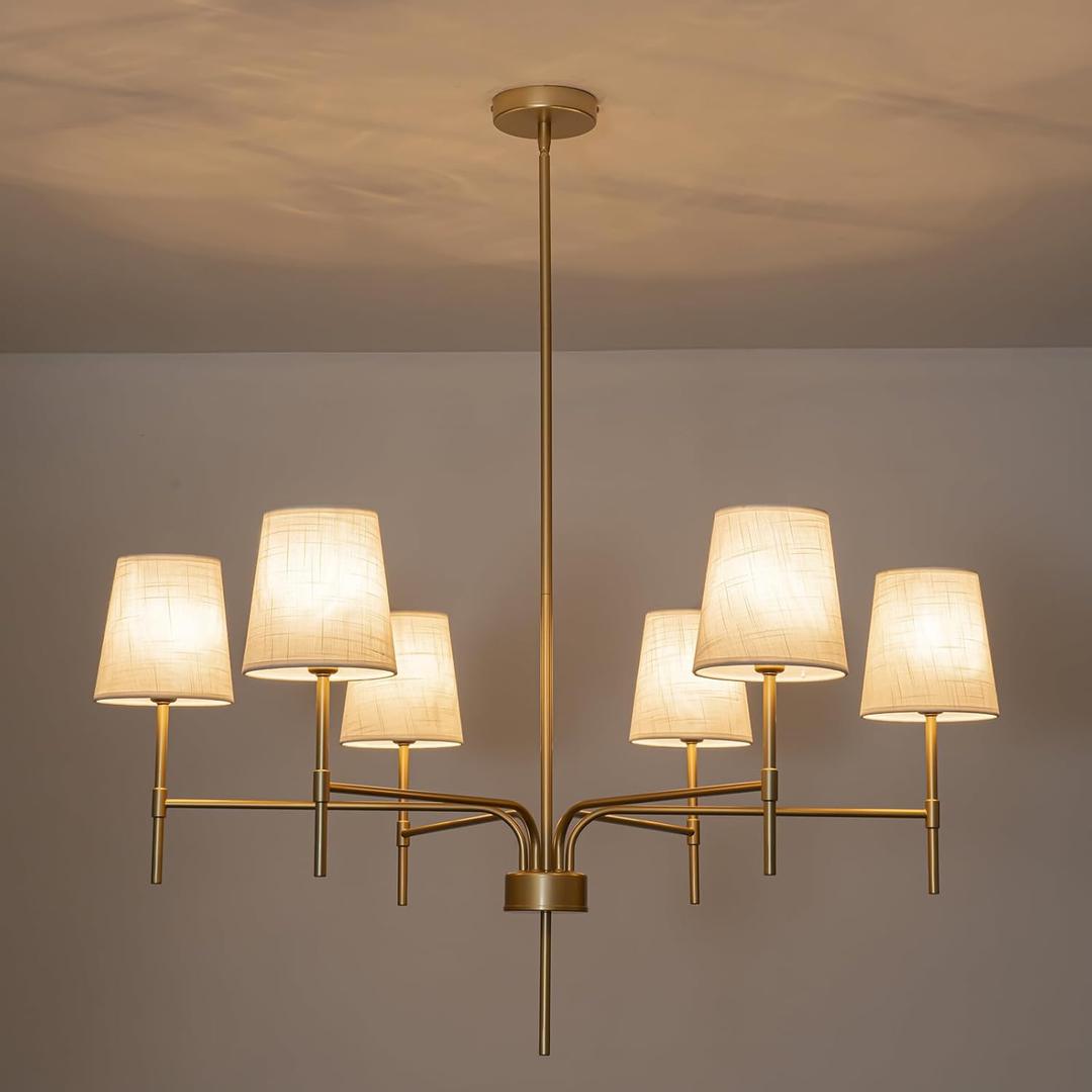 Alynzee Gold Chandeliers for Dining Room, 6-Light Modern Chandelier Light Fixture Over Table, with White Fabric Shade, 34" Large Transitional Kitchen Pendant Lights for Living Room Bedroom Foyer