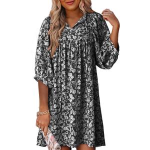 Dokotoo Womens Summer Dresses 2025 Boho Floral Drawstring V Neck Chiffon Lantern Sleeve Beach Vacation Mini Dress Sundress (Black, S)