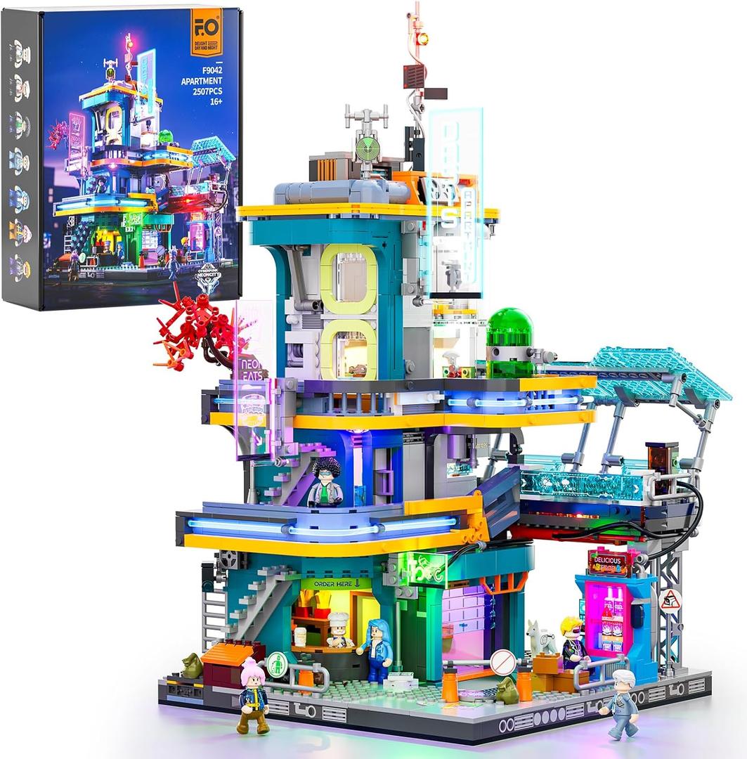 FUNWHOLE Cyberpunk Mansion Lighting Building-Bricks Set - 2524 Pcs Future City Modular Buildings Set Display Idea for Adults and Sci-fi Lovers