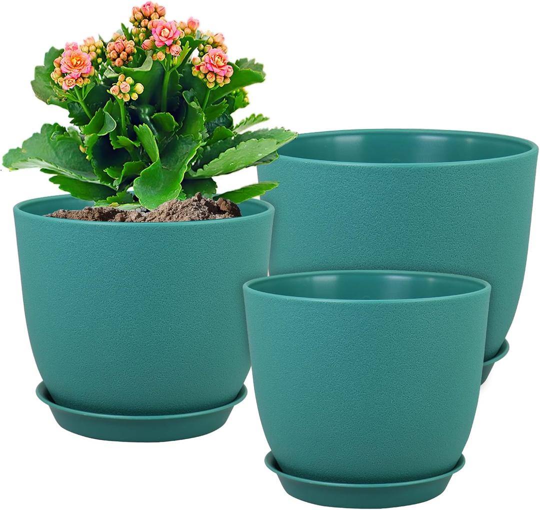 WSMKSZ Large Flower Pots 12/10/9 inch, Set of 3 Modern Decorative Plastic Planters with Drainage Holes and Saucers for House Plants, Plant Pots for Indoor Outdoor Plants, Blue Green